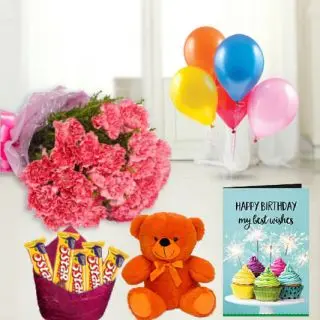 Bunch of 8 pink carnations , 6 inch height teddybear , set of 5 Fivestar chocolates, birthday greeting card with 5 bunch blown balloons