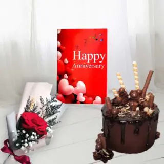 Half kg  chocolate explosion cake, single red rose, anniversary card 