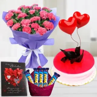 Bunch of 12 pink carnations, half kg strawberry cake , 2 heart shape balloons, pack of 5 perk chocolates with greeting card 