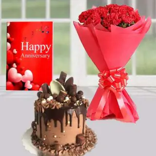 Bunch of 10 red carnations, chocolate explosion cake, anniversary greeting card