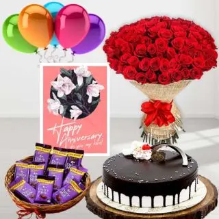 Bunch of 50 red roses,  choco vanilla premium quality cake, Basket of dairy milk chocolates, anniversary Greeting card, with 5 blown balloons
