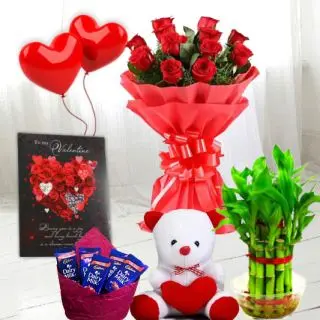 Bunch of 50 red roses, set of 2 dairy milk silk chocolates, 6 inch height teddybear, 2 layer Lucky bamboo plant, 5 blown balloons with greeting card