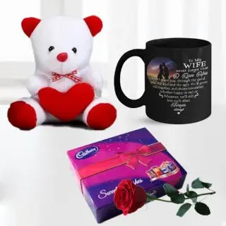 Single red rose, 6 inch cute teddybear, celebration box of chocolates with photo mug 