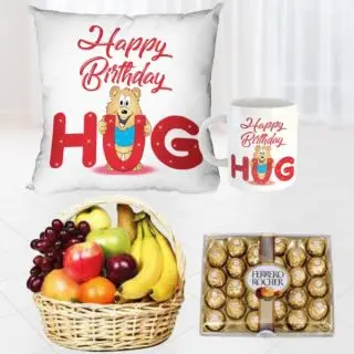 Set of photo mug and photo cushion, 2 kg fruits basket , 24 pcs rocher ferrero chocolates 