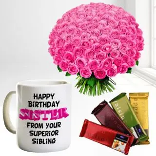 Beautiful bouquet of 50 pink roses, photo mug with set of 4 temptations chocolate 