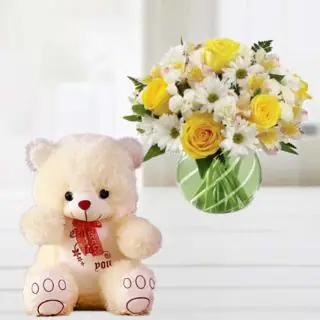 Vase Arrangement of 20 mix flowers with cute 1 feet height teddy bear 