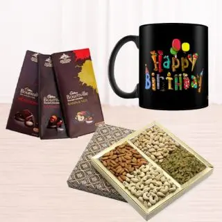 Photo mug, set of 3 bournville chocolates, half kg assorted dryfruits box 