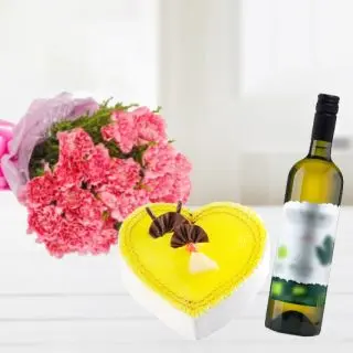 bunch of 20 red carnations with heart shape pineapple cake with bottle of white wine
