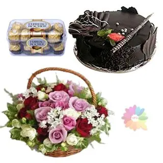 Basket of 15 mix colour roses with chocolate fantasy cake with 16 pcs rocher ferrero chocoltes 