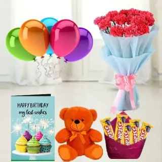 Bunch of 8 pink carnations ,  6 inch height   teddybear , set of 5 fivestar  chocolates,birthday greeting card with 5 blown balloons 