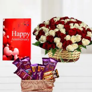 Basket of 50 red and white roses, Basket of 7 dairymilk silk, 2 Fivestar, anniversary greeting card 