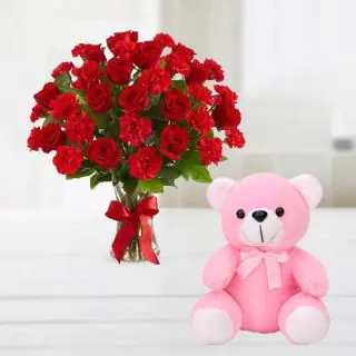 Vase arrangement of 30 red roses and red carnations with 1 feet height cute teddy bear 