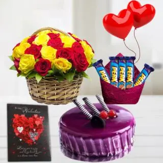 Basket of 12 red and yellow roses , half kg black currant fresh cream cake, 2 heart shape balloons,pack of 5 perk chocolates with greeting card 