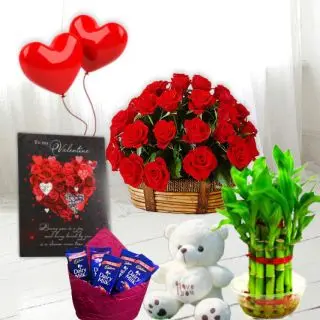 Basket arrangement of 20 red roses, 16 pcs rocher ferrero chocolates, 6 inch height teddybear, 2 layer Lucky bamboo plant, 5 blown balloons with greeting card