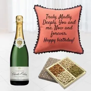Bottle of champagne , half kg assorted dry fruits , photo cushion 