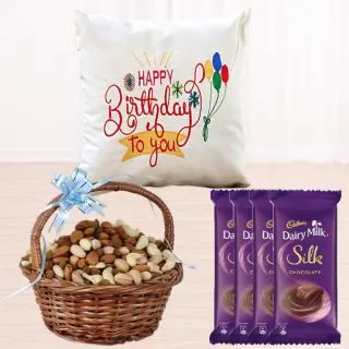 Basket of half kg assorted dryfruits basket, photo cushion, with set of 4 dairy milk chocolates 