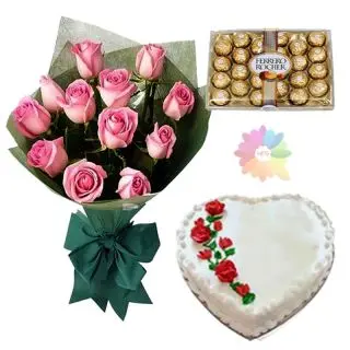 Bunch of 20 pink roses with 24 pcs rocher ferrero chocolates with heart shape vanilla fresh cream cake