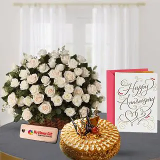 Basket of 30 white roses with half kg butterscotch premium quality cake with anniversary card 