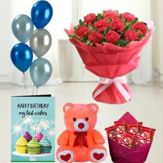 Bunch of 12 red carnations ,  6 inch height   teddybear , set of 5 kitkat   chocolates, birthday greeting card with 5 blown balloons 