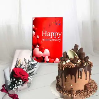 1 kg chocolate explosion cake, single red rose, with anniversary greeting card 