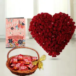 Heart shape arrangement of 50 red roses, Basket of 20 kitkat chocolates , birthday greeting card 