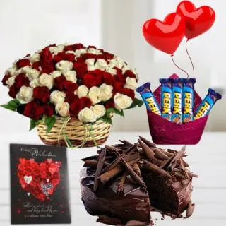 Basket of 30 red and white roses , half kg chocolate truffle cool cake, pack of 5 perk chocolates, 2 heart shape balloons with greeting card 