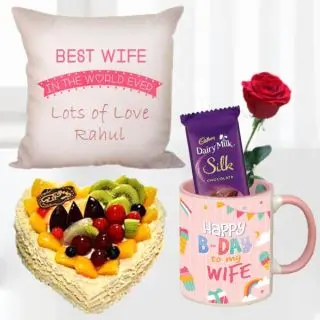 1 kg heart shape mix fruit cake, photo mug with a red rose and dairy milk silk chocolate, with photo cushion 