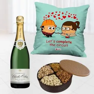 Box of half kg assorted dry fruits, bottle of champagne with photo cushion 