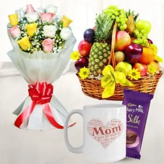 Bunch of 10 mix colour roses,3 kg mix fruits basket, photo mug with dairy milk silk chocolate 