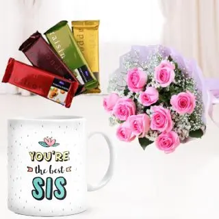 Bunch  of 10 pink roses, photo mug, with set of 4 temptations chocolate 