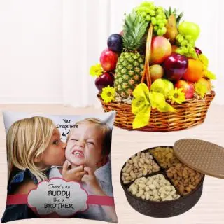 basket of 4 kg seasonal fresh fruits basket, Photo cushion with box of 1 kg assorted dryfruits 
