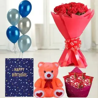 Bunch of 15 red carnations, 6 inch height teddybear, set of 5 kitkat chocolate, birthday greeting card with 5 blown balloons 