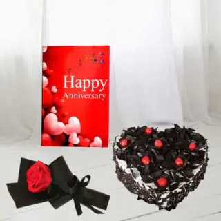 1 kg heart shape black forest premium quality cake, single red rose, anniversary card 