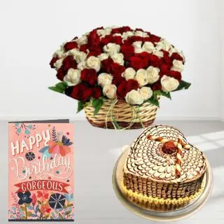 Basket of 50 red and white roses, butterscotch heart shape cake, birthday greeting card 