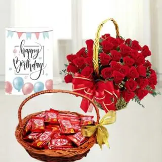 Basket of 40 red roses,  Basket of 20 kitkat chocolates , birthday greeting card 