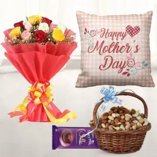 Bunch of 12 mix colour roses, half kg assorted dry fruits basket , photo cushion with dairy milk silk chocolate 