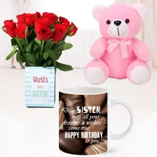 6 inch teddybear, 10 red roses in vase with photo mug 