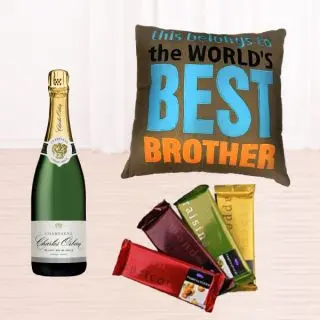 Bottle of champagne, set of 4 temptations chocolate, photo cushion 