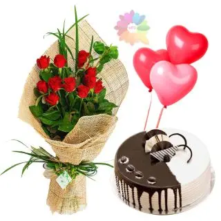 Bunch of 10 red roses with choco vanilla cake with 3 heart shape balloons