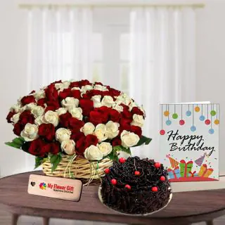 50 red and white roses basket arrangement with 1 kg chocolate fantasy cake with birthday card 