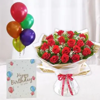 Bunch of 15 red roses, bunch of 5 mix color balloons with birthday card