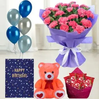 Bunch of 20 pink carnations,  6 inch height   teddybear , set of 5 kitkat   chocolates, greeting card with 5 blown balloons 