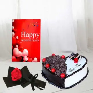 1 kg heart shape black forest cool cake, Single red rose, anniversary card