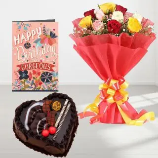 Bunch of 15 mix roses, chocolate fantasy heart shape cake, birthday greeting card 