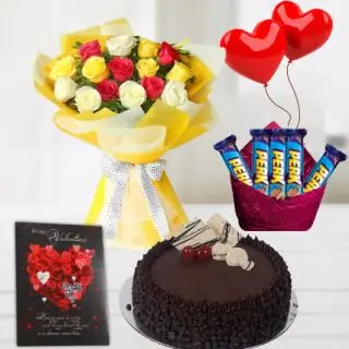 10 Mix colour roses bouquet , half kg premium quality choco Chips  cake , 2 heart shape balloons, pack of 5 perk chocolates with greeting card