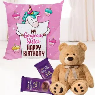 1 feet height teddybear, set of 2 dairy milk silk, 1 photo cushion 
