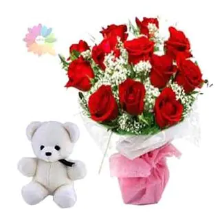 20 red roses with special packing along with 6 inch white teddy bear 
