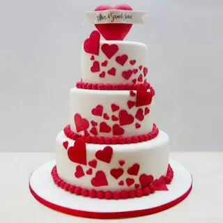 3 storey fondant  love theme cake in 5 kg in vanilla strawberry flavour 