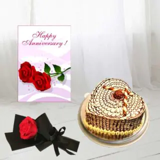 1 kg heart shape butterscotch cake , single red rose, anniversary card 