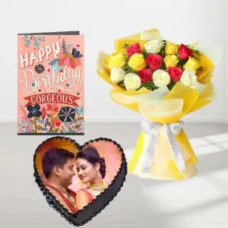 Bunch of 12 mix roses, heart shape photo cake, birthday greeting card